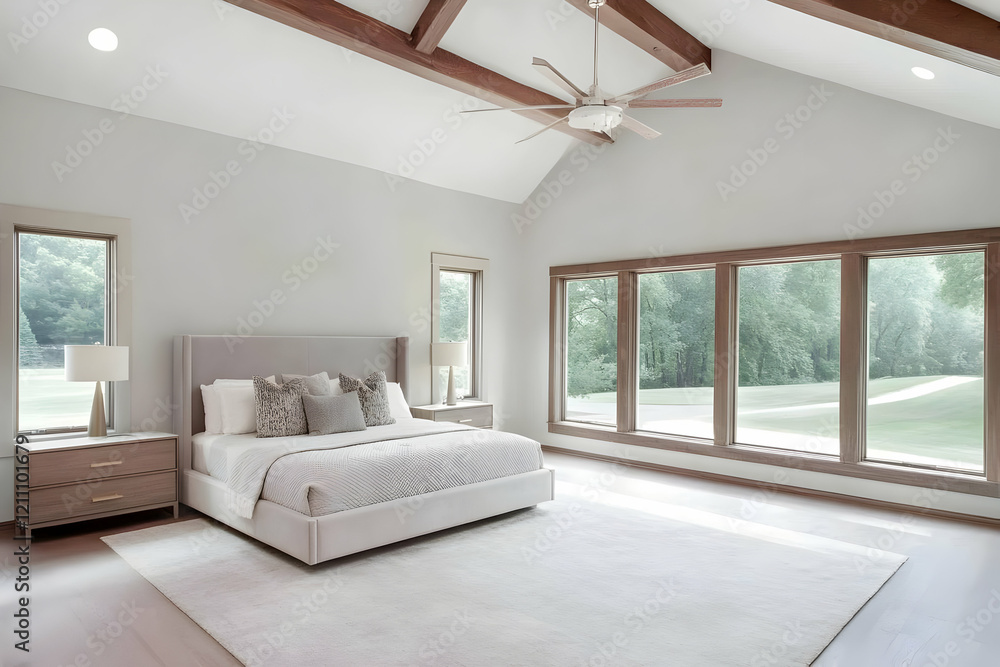 Fototapeta premium Modern Bedroom Design Showcases Elegant Decor with Natural Light Accenting the Tranquil Ambiance.