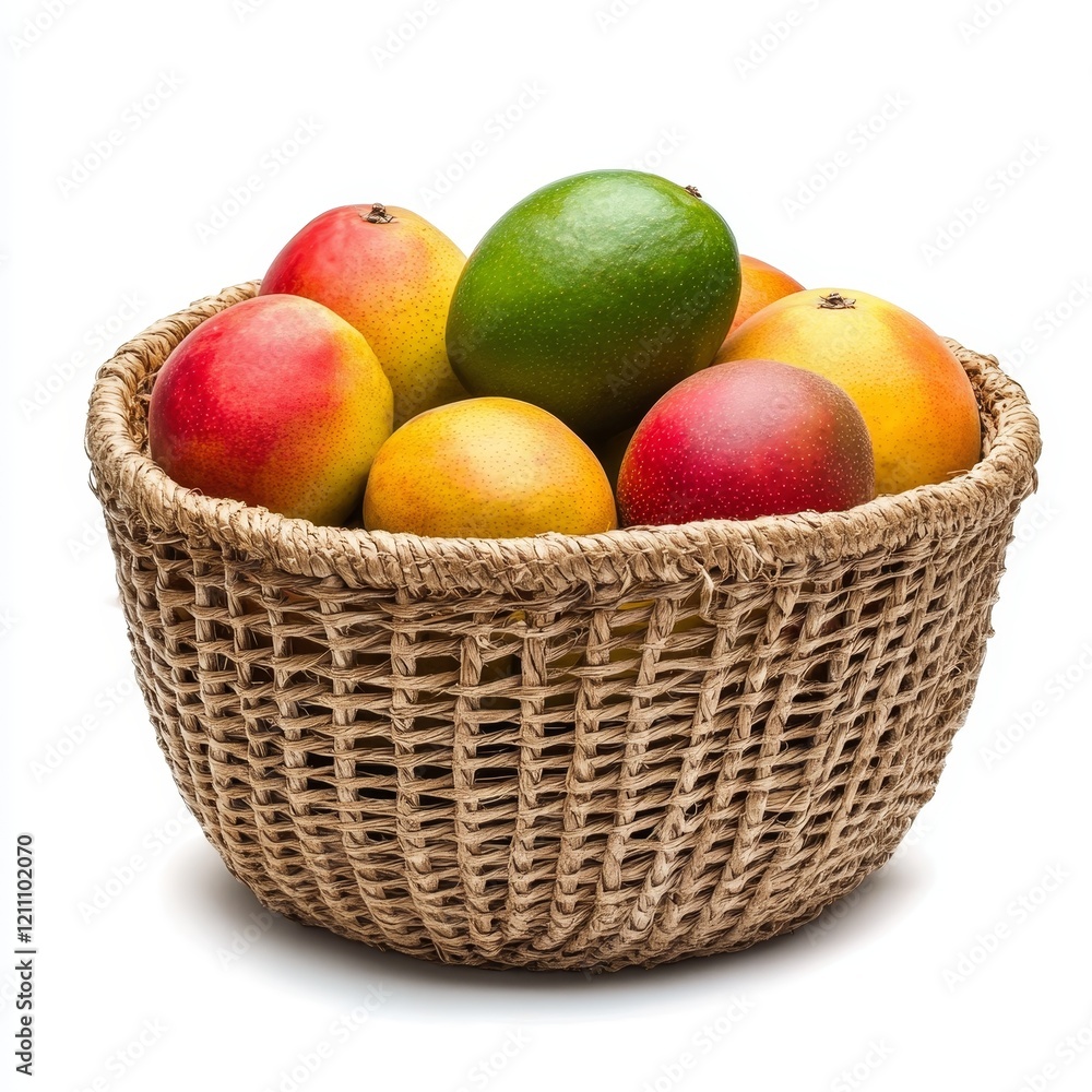 Ripe mangoes in a woven basket. Ripe mangoes in a woven basket.