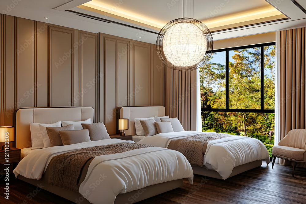 Fototapeta premium Modern Bedroom Interior Design Features Two Beds, Large Window with Nature View, and Stylish Lighting