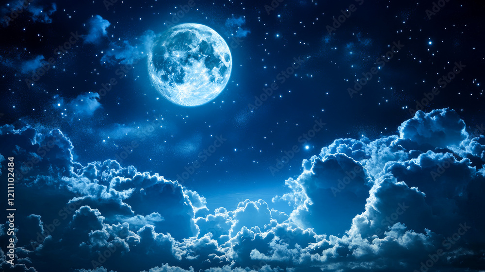 Serene View of a Full Moon Surrounded by Clouds in the Night Sky Serene View of a Full Moon Surrounded by Clouds in the Night Sky