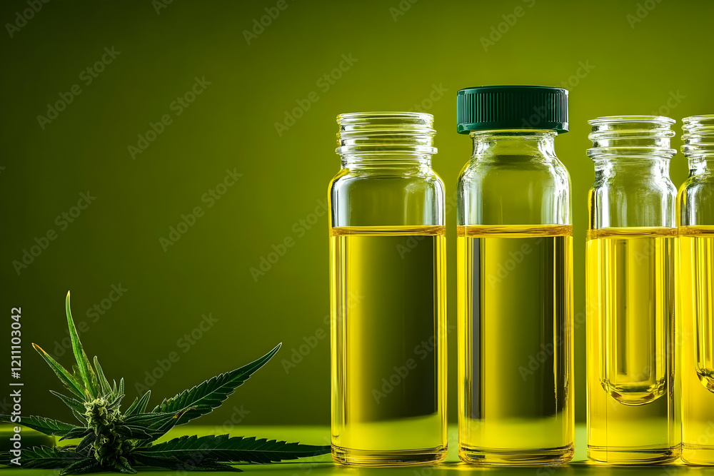 Cannabis Oil Extract in Glass Bottles with Green Background and Cannabis Plant Cannabis Oil Extract in Glass Bottles with Green Background and Cannabis Plant