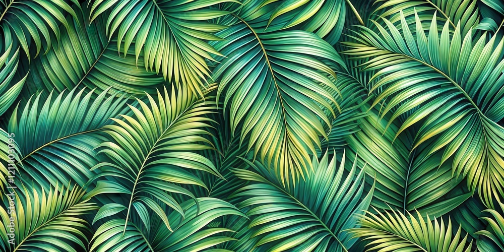 Lush Tropical Foliage A Vibrant Display of Palm Fronds in Rich Greens and Yellowish Hues Lush Tropical Foliage A Vibrant Display of Palm Fronds in Rich Greens and Yellowish Hues
