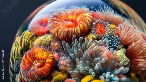 Encapsulated Ocean: A Glass Sphere Displaying Vibrant Coral Reef Life photo