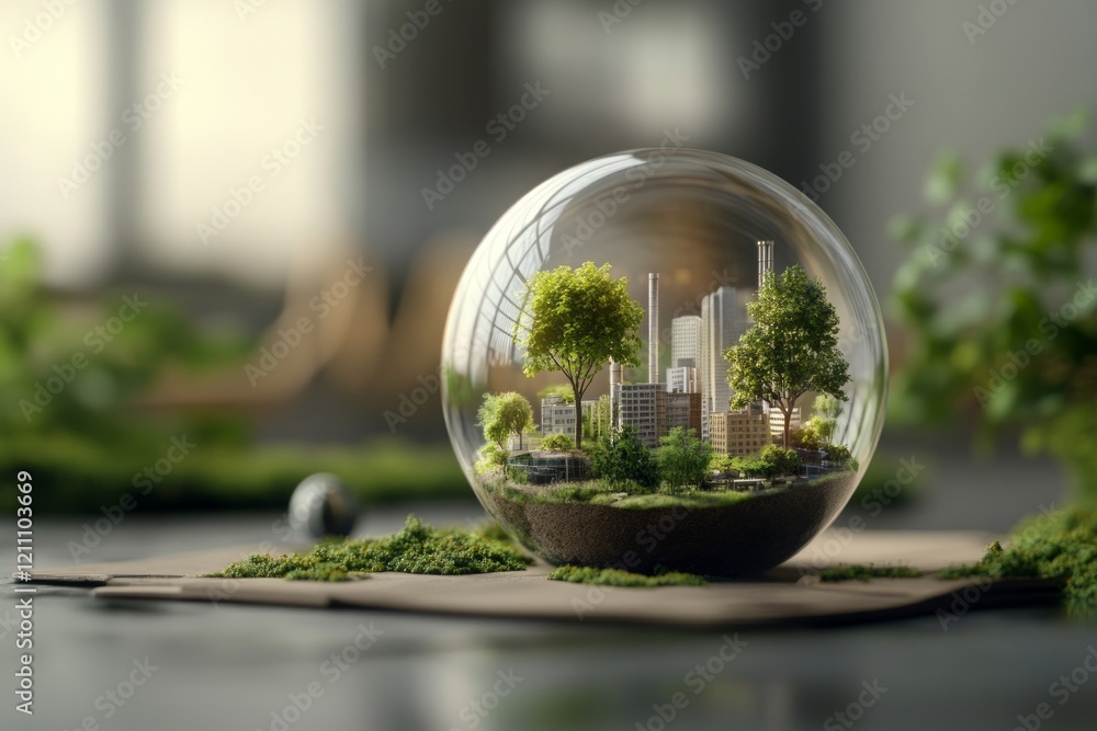Greenhouse Gases and Resourceful concept, Miniature cityscape inside a glass globe surrounded by greenery. Greenhouse Gases and Resourceful concept, Miniature cityscape inside a glass globe surrounded by greenery.
