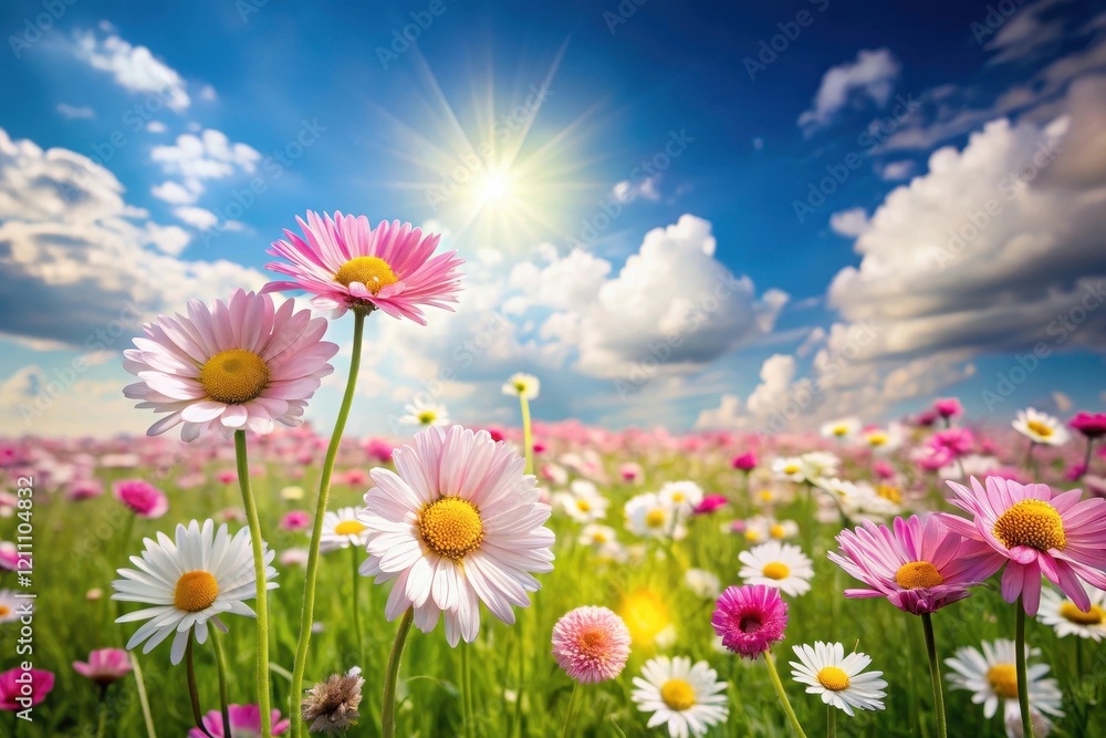 Serene Summer Meadow with Delicate Daisies Basking in Sunshine and Fluffy Clouds Serene Summer Meadow with Delicate Daisies Basking in Sunshine and Fluffy Clouds