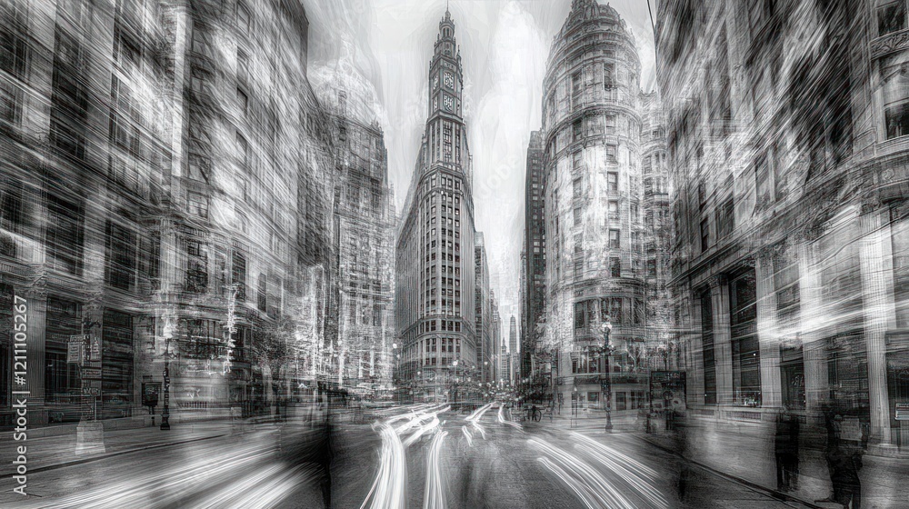 Naklejka premium City street, blurred motion, architecture, New York, skyscraper, black and white, urban, finance, energy, fast-paced, advertising