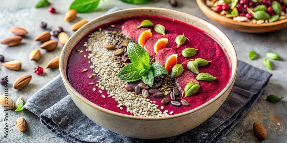 A vibrant and nutritious beet smoothie bowl, adorned with assorted seeds, almonds, and fresh herbs, presented in a rustic bowl on a dark gray textured surface. A vibrant and nutritious beet smoothie bowl, adorned with assorted seeds, almonds, and fresh herbs, presented in a rustic bowl on a dark gray textured surface.