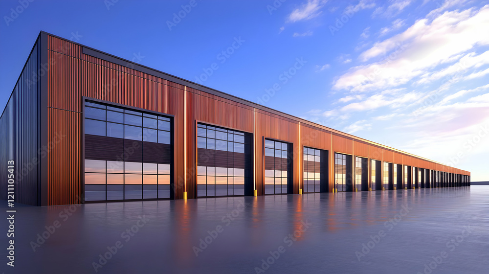 Fototapeta premium Modern Industrial Building Reflects in Water at Sunset with a Blue and Pink Sky