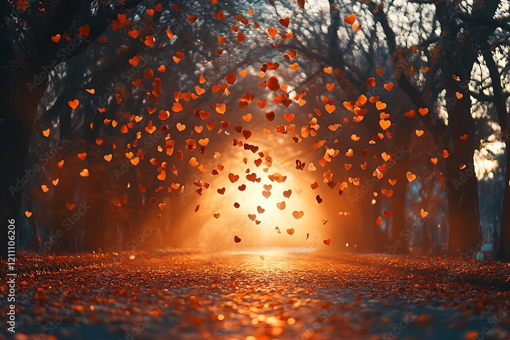 Heart shaped leaves falling in autumnal forest path Heart shaped leaves falling in autumnal forest path