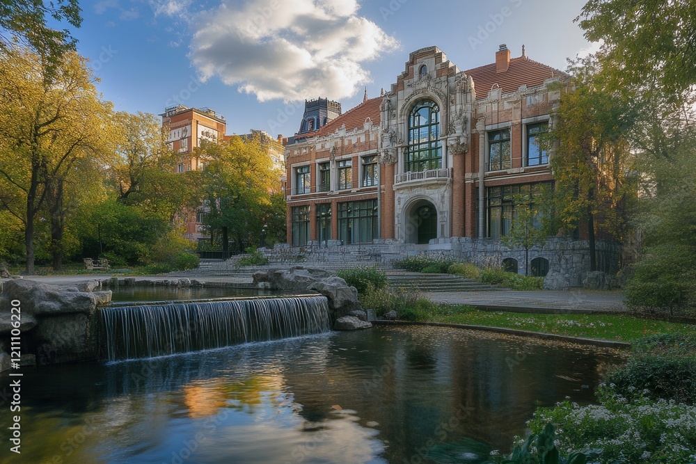 Naklejka premium Autumn Palace Park Waterfall Reflection