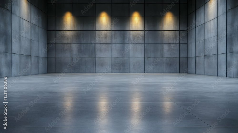 Empty Room with Tiled Walls and Floor Illuminates Under Four Spotlights Elegantly Empty Room with Tiled Walls and Floor Illuminates Under Four Spotlights Elegantly