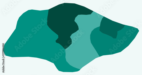 Map of Singapore with regions. Just a simple country border map with region division. Teal color palette. Blank Republic of Singapore shape with administrative division. Vector illustration.