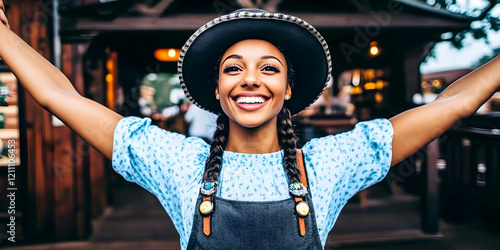 Joyful Woman with Raised Ar...