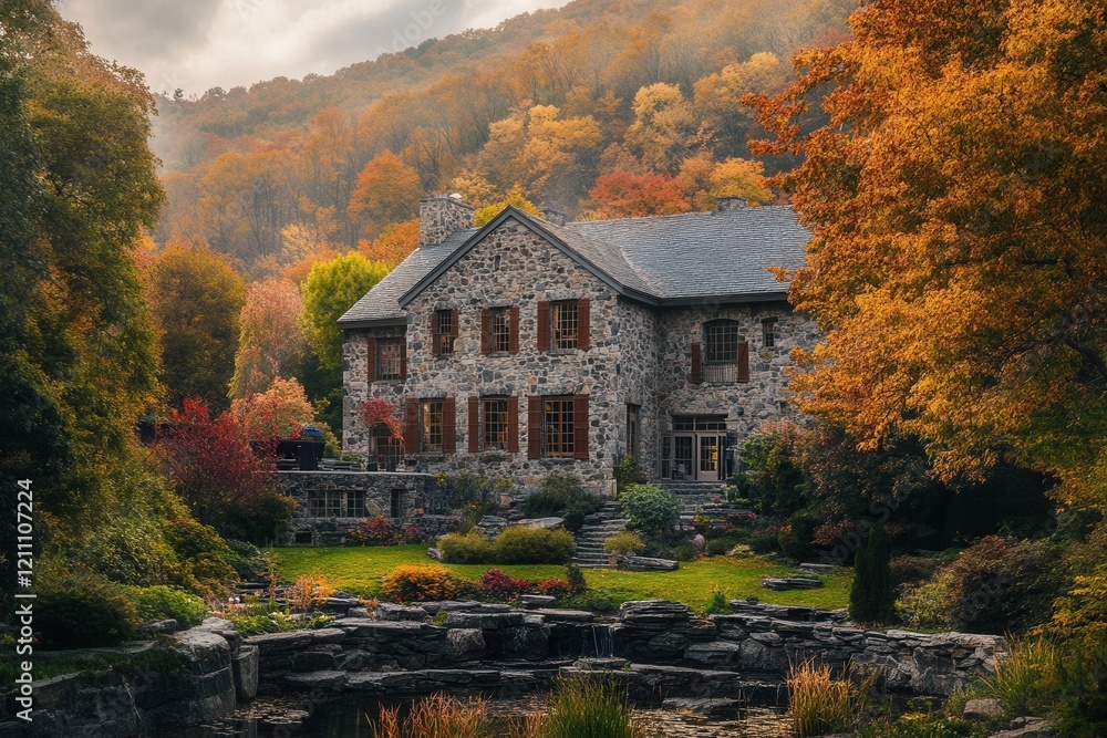 Fototapeta premium Autumnal stone house, fall foliage, mountain backdrop, garden, tranquil scene