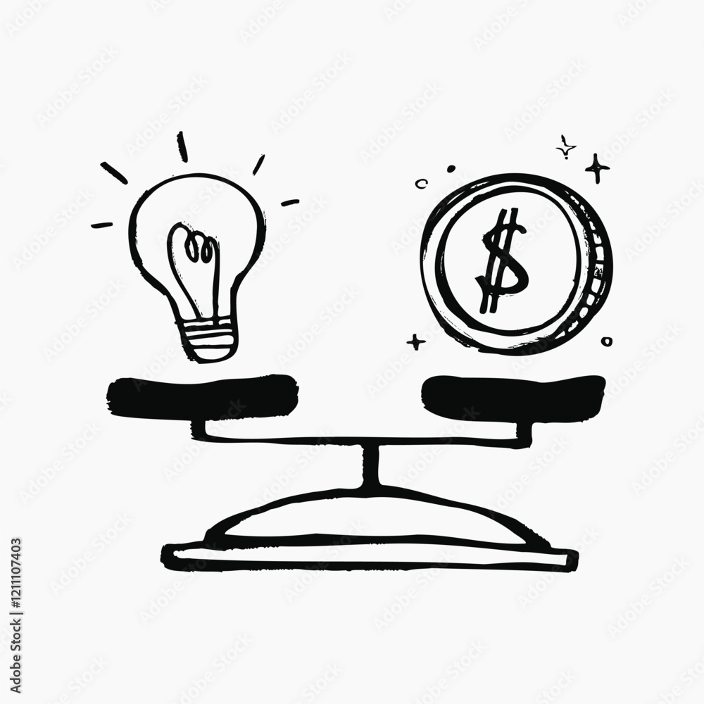 Idea and money balance doodle, illustration vector Idea and money balance doodle, illustration vector