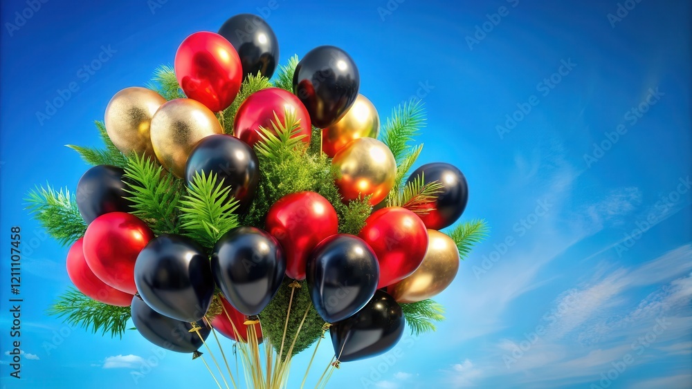 Obraz premium A vibrant cluster of red, black, and gold balloons, adorned with lush green foliage, ascends against a brilliant blue sky, symbolizing celebration and joy.