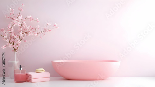 Pink bathtub sits in a pink...