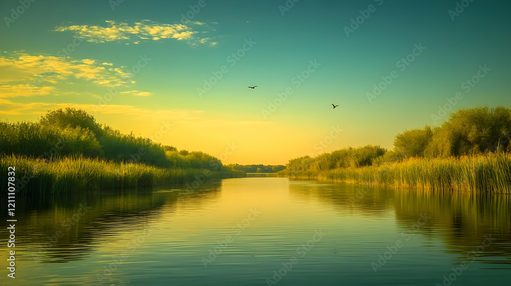 Serene River Landscape at Sunset with Birds Soaring Gracefully Across a Golden Sky Serene River Landscape at Sunset with Birds Soaring Gracefully Across a Golden Sky