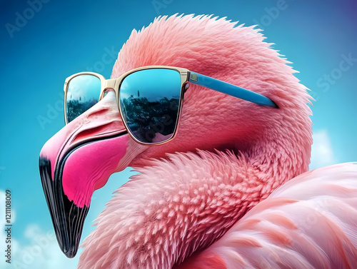 Pink flamingo wearing sungl...