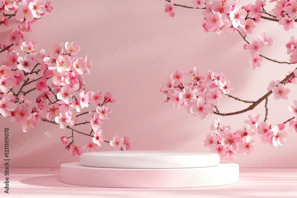 Beautiful Cherry Blossom Background with White Platform Display Beautiful Cherry Blossom Background with White Platform Display
