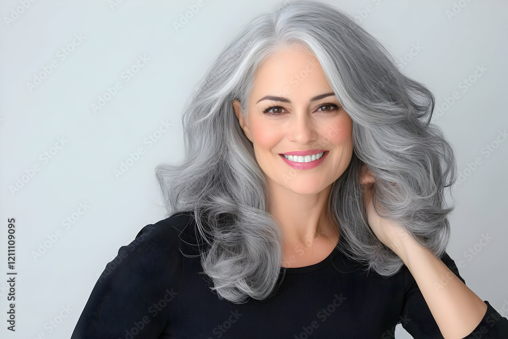 Smiling Woman with Gray Hair Shows Confidence and Beauty with Stylish Elegance, Gray Hair, Fashion.