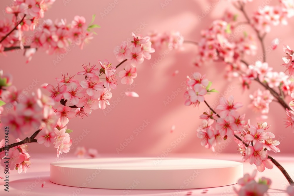 Cherry Blossom Arrangement with Platform on Soft Pink Background Cherry Blossom Arrangement with Platform on Soft Pink Background