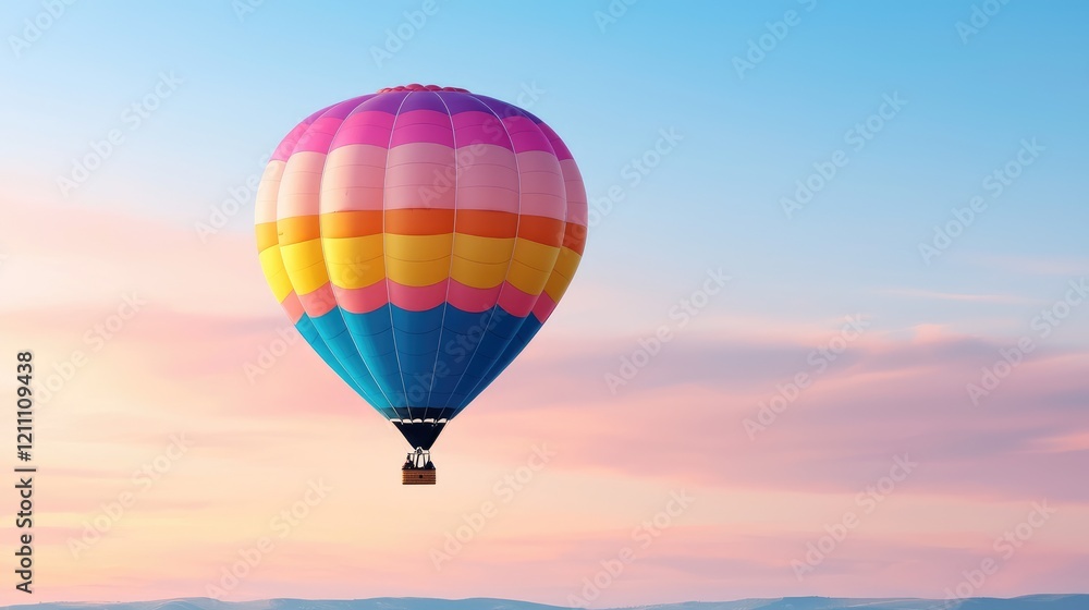 Fototapeta premium Colorful hot air balloon soaring at sunrise, peaceful landscape background, travel and adventure imagery