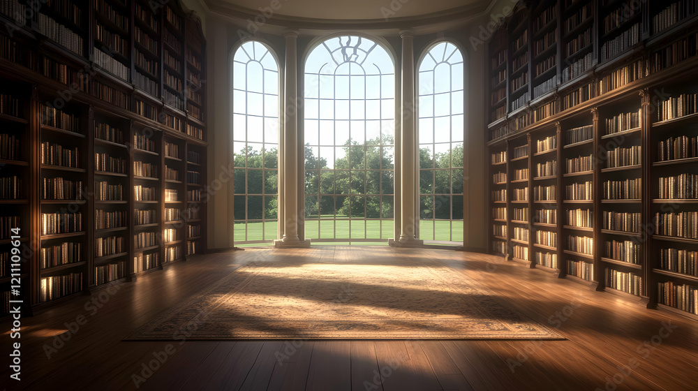 Classic Library Interior Showcases Bookshelves, Arched Windows, and a Sunlit Rug on the Wooden Floor Classic Library Interior Showcases Bookshelves, Arched Windows, and a Sunlit Rug on the Wooden Floor