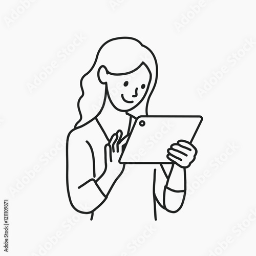 Woman using digital tablet flat line vector
