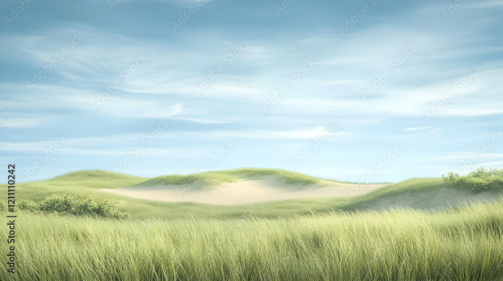 Fototapeta premium Serene Grassy Dunes Stretch Under a Calm Sky with Wispy Clouds and Gentle Breeze.