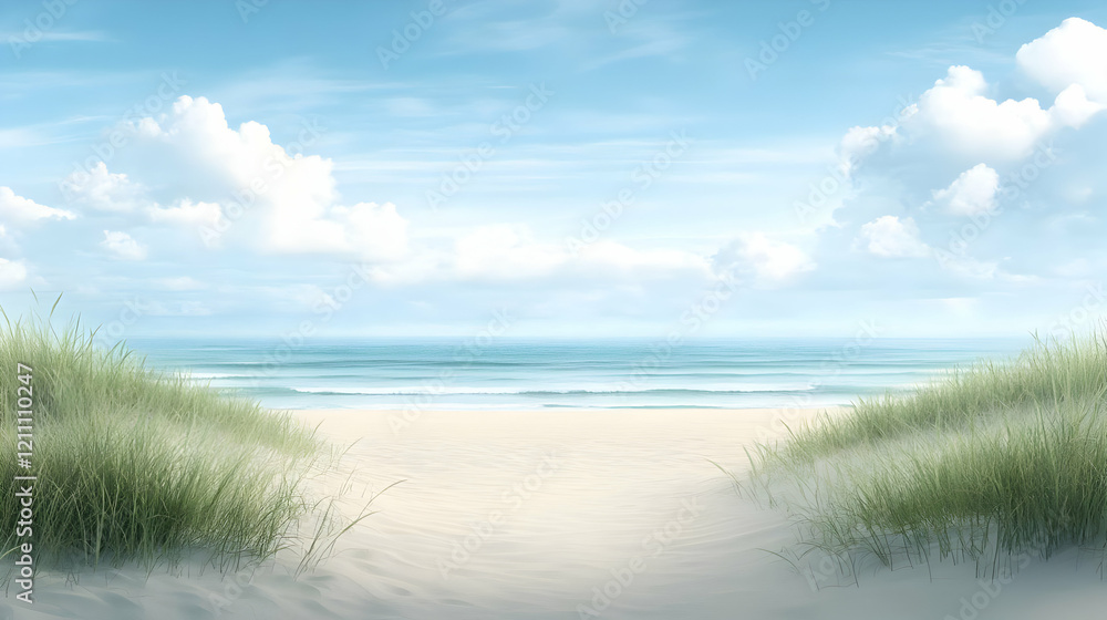 Serene beach scene invites with calm ocean waves and beach grass under a picturesque sky. Serene beach scene invites with calm ocean waves and beach grass under a picturesque sky.