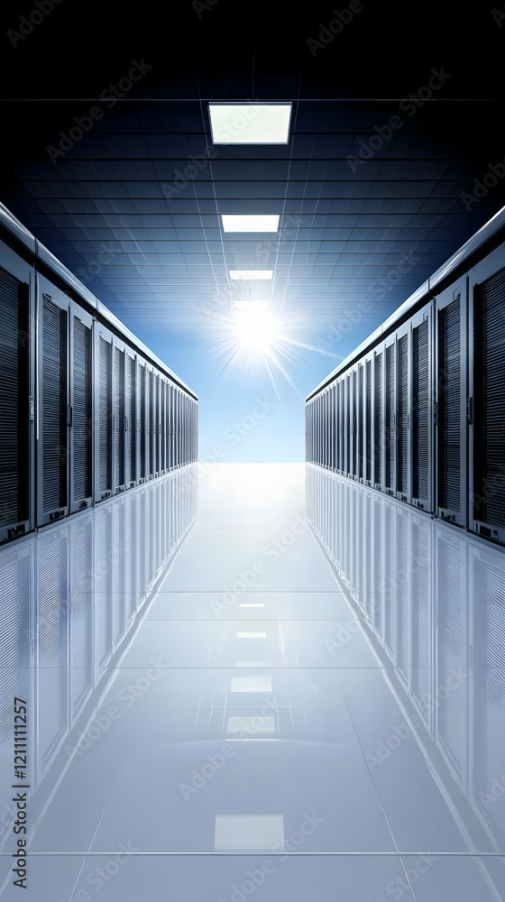 Obraz premium Server Room Houses Data Centers with Bright Light Shining Through, Reflecting on Shiny Floor