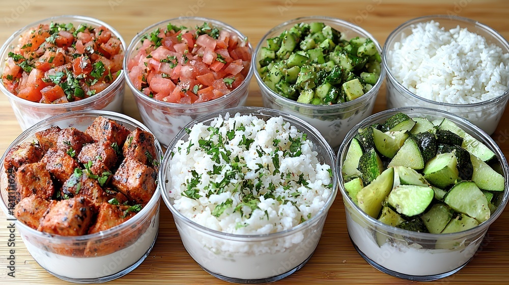 Individual containers with assorted ingredients for a healthy meal prep including seasoned chicken, rice, tomatoes, cucumbers, zucchini, and feta cheese. Individual containers with assorted ingredients for a healthy meal prep including seasoned chicken, rice, tomatoes, cucumbers, zucchini, and feta cheese.