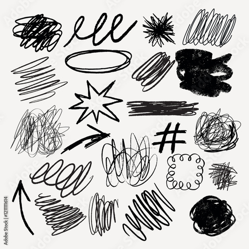 A collection of black ink scribble art illustration. Set of black ink scribble in various design illustrations. Illustration of black ink scribble art collection, scribble lines art illustration