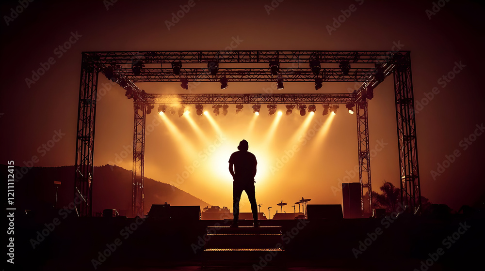 Fototapeta premium Silhouetted Performer Stands on Stage Under Lights at Sunset during an Outdoor Concert.