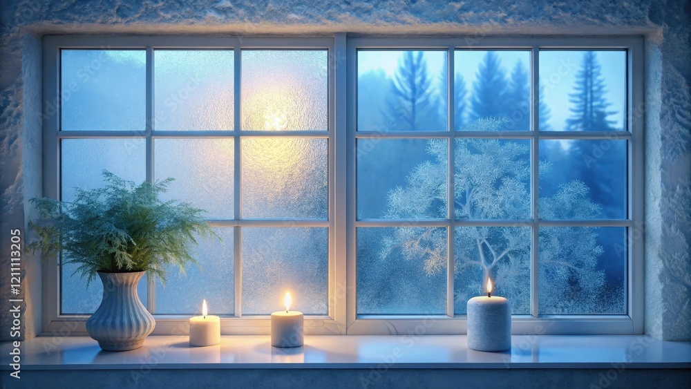Serene Winter Solstice Illuminated Candles and Frosty Window Pane Reflecting a Tranquil Snowy Landscape Serene Winter Solstice Illuminated Candles and Frosty Window Pane Reflecting a Tranquil Snowy Landscape