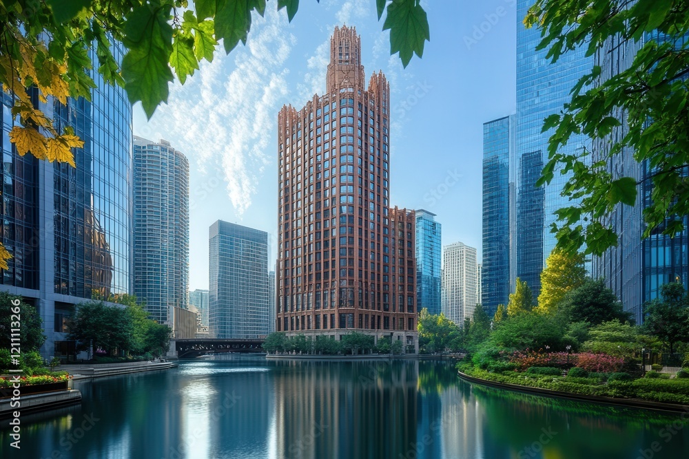 Fototapeta premium Chicago River, sunrise, skyscraper, reflection, park