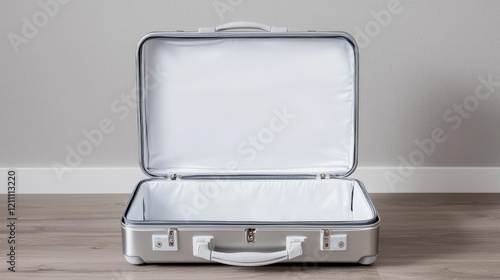 Empty silver suitcase on floor, travel preparation, neutral background, website banner