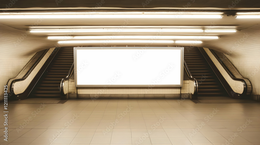 Obraz premium Blank Billboard Mockup in Subway Station with Escalators and Tile Floor Displaying Advertisement Space