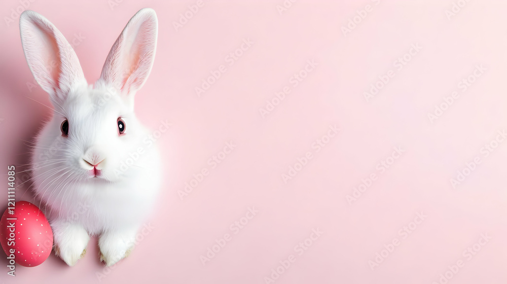Fototapeta premium White Rabbit Sits Next to a Pink Easter Egg on Pink Background for Spring Celebration