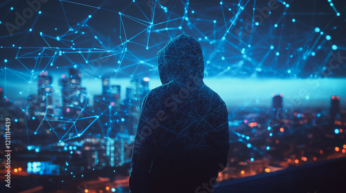 Hacker are planning to hack and attack networks and cyber security systems.Smart digital city with connection Innovation network reciprocity over the cityscape