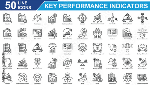 Key Performance Indicators Icon Set Collection. Containing Evaluation, Investment, Performance, KPI, Target, Improvement, Quality Standards, Routine, innovation. Simple Line Vector Illustration.