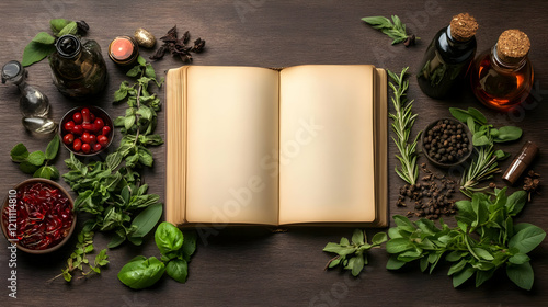 Open Antique Book with Herb...
