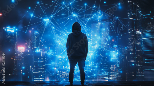 Hacker are planning to hack and attack networks and cyber security systems.Smart digital city with connection Innovation network reciprocity over the cityscape