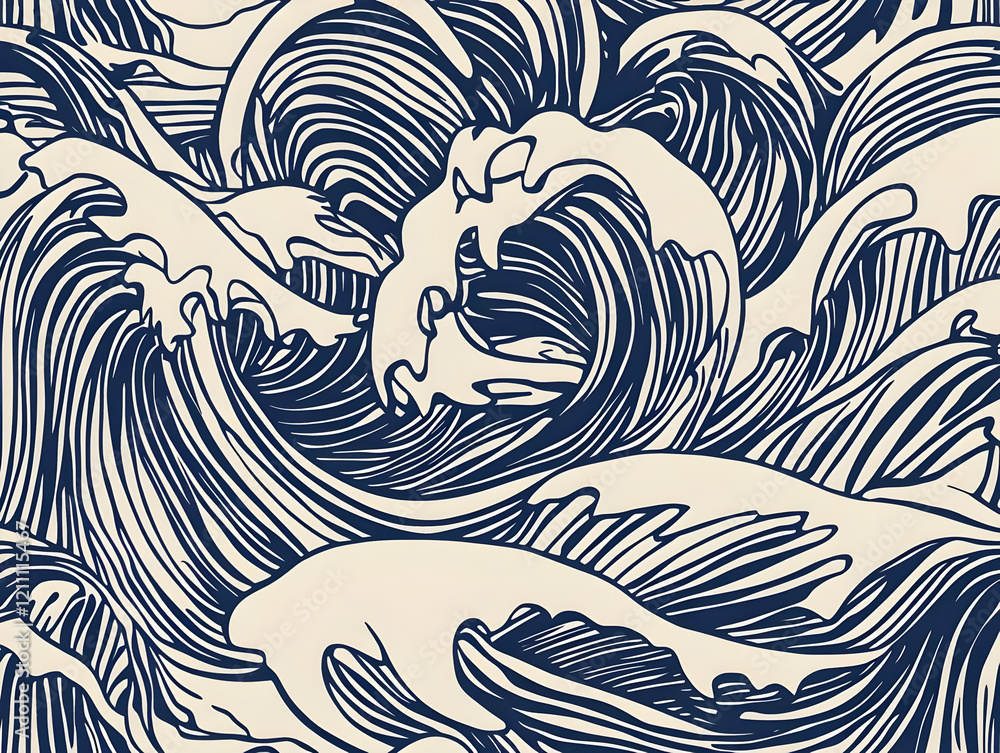 Obraz premium Stylized Ocean Waves Flow Seamlessly in a Dynamic Pattern, Creating a Captivating Visual Rhythm.