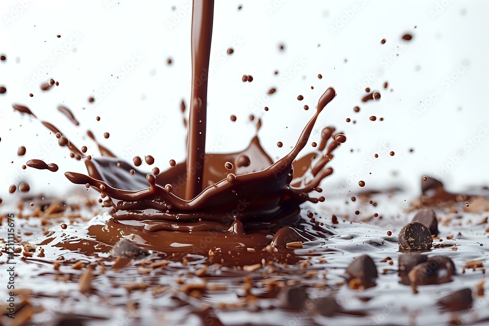 Fototapeta premium Dynamic chocolate splash with liquid pouring and creating crown-shaped splatter, surrounded by scattered cocoa beans on reflective surface. Perfect for food advertising and packaging design.