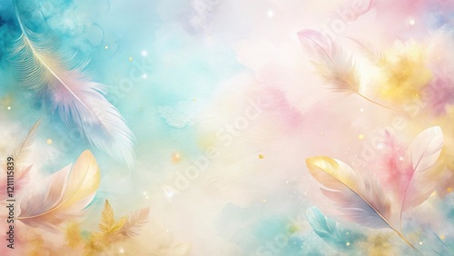 Pastel Feathers Floating in a Dreamlike Watercolor Sky