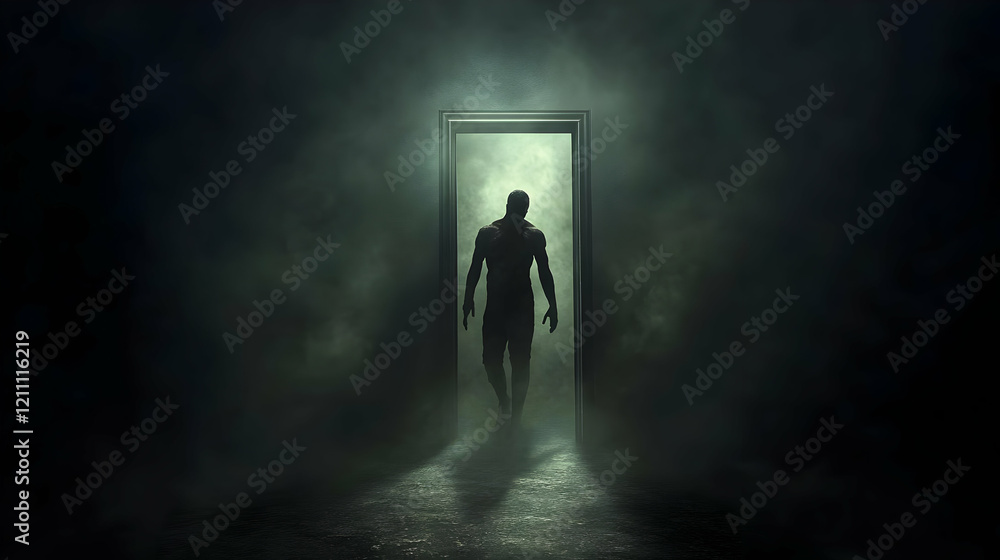 Silhouetted Figure Emerges from a Glowing Doorway in a Dark, Foggy Room Silhouetted Figure Emerges from a Glowing Doorway in a Dark, Foggy Room