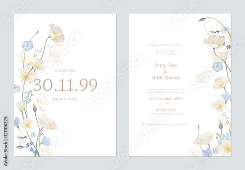 Save the date and wedding invitation template set of delicate wildflowers and white California Poppy flowers on a white background, adding a touch of nature and elegance