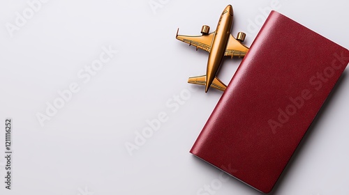 Travel Essentials: Passport Holder and Airplane Model on Background photo